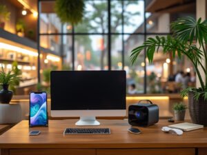 random tech items on a desk