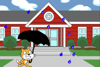 animated scratch cat with black umbrella in front of a school