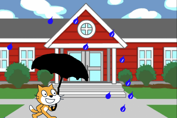 animated scratch cat with black umbrella in front of a school