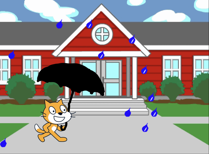 animated scratch cat with black umbrella in front of a school