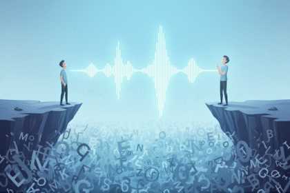 two people across a chasm with jumbled letters in the valley below speech waveform between them