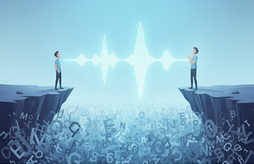 two people across a chasm with jumbled letters in the valley below speech waveform between them