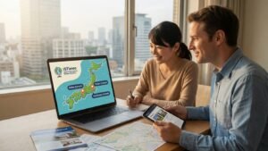 A couple researching an International Schools Directory in Japan on a laptop and tablet, with a map showing Tokyo, Yokohama, and Kobe school locations.