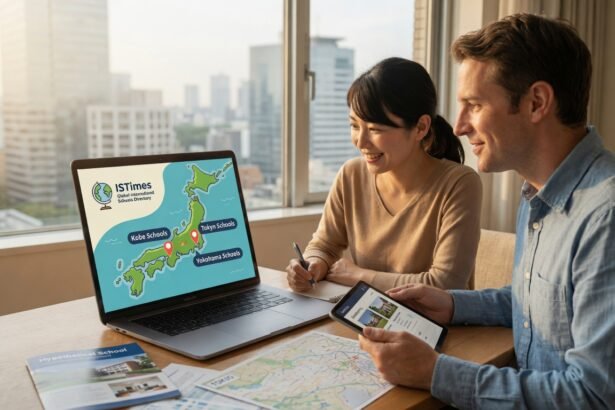 A couple researching an International Schools Directory in Japan on a laptop and tablet, with a map showing Tokyo, Yokohama, and Kobe school locations.
